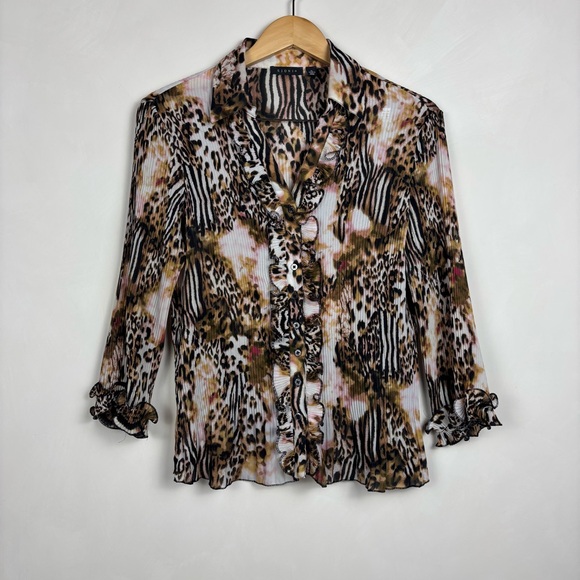 SIONI Women’s Pleated Animal Print Blouse XL Y2K Mobwife Ruffles - Picture 11 of 11